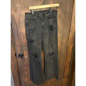 American Eagle Distressed Flare Jeans Black High Waisted Ripped Raw Hem 6 Long